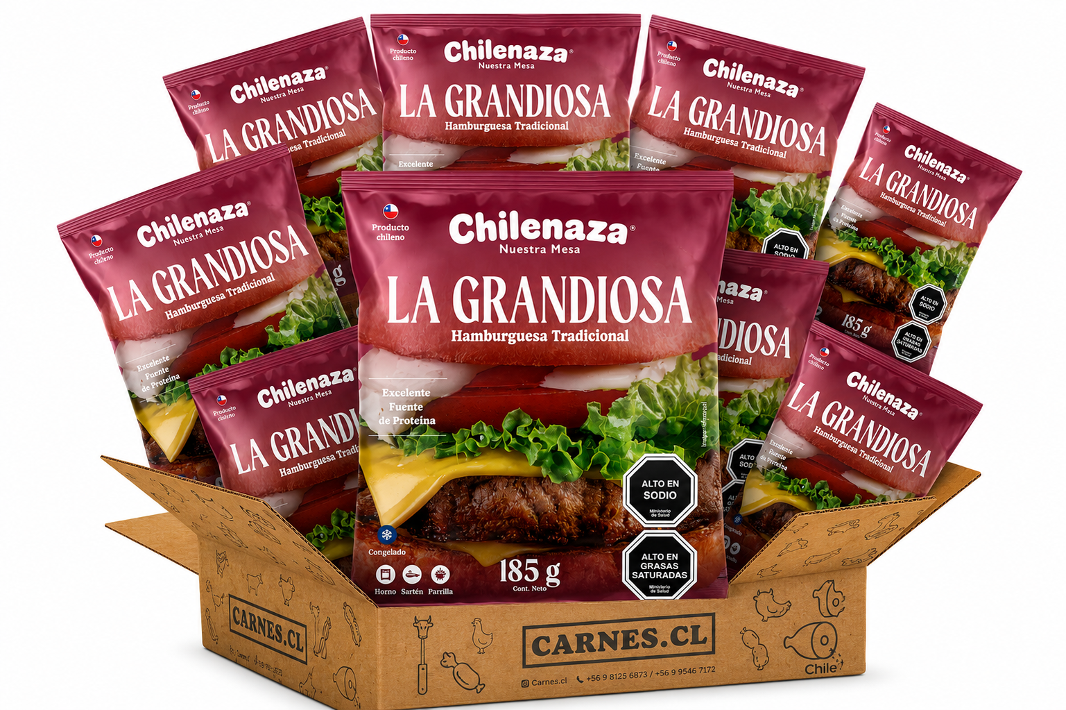 caja de hamburguesa la grandiosa 185g chilenasa